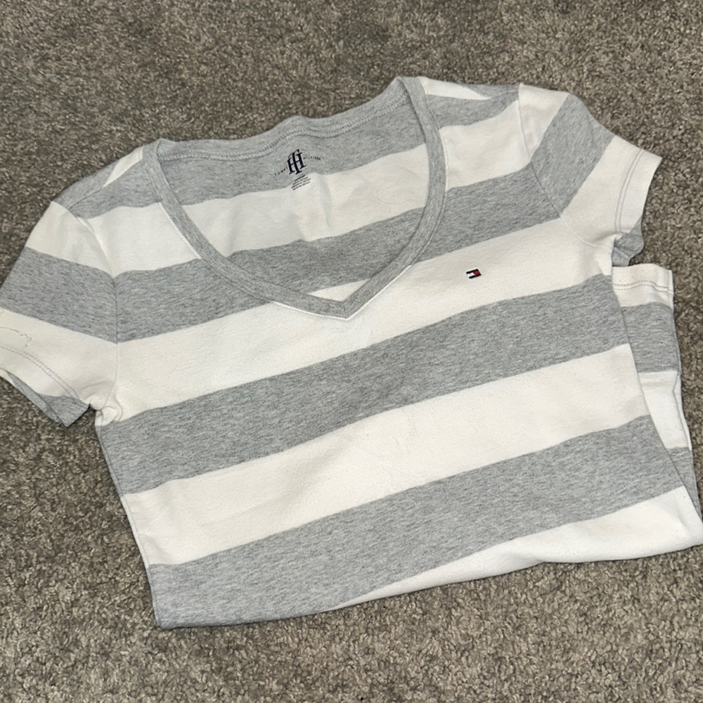 Grey and white striped vneck tshirt